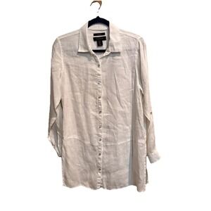 Tahari 100% Linen Button Front Shirt White Long Sleeve Roll Tab Casual Women S
